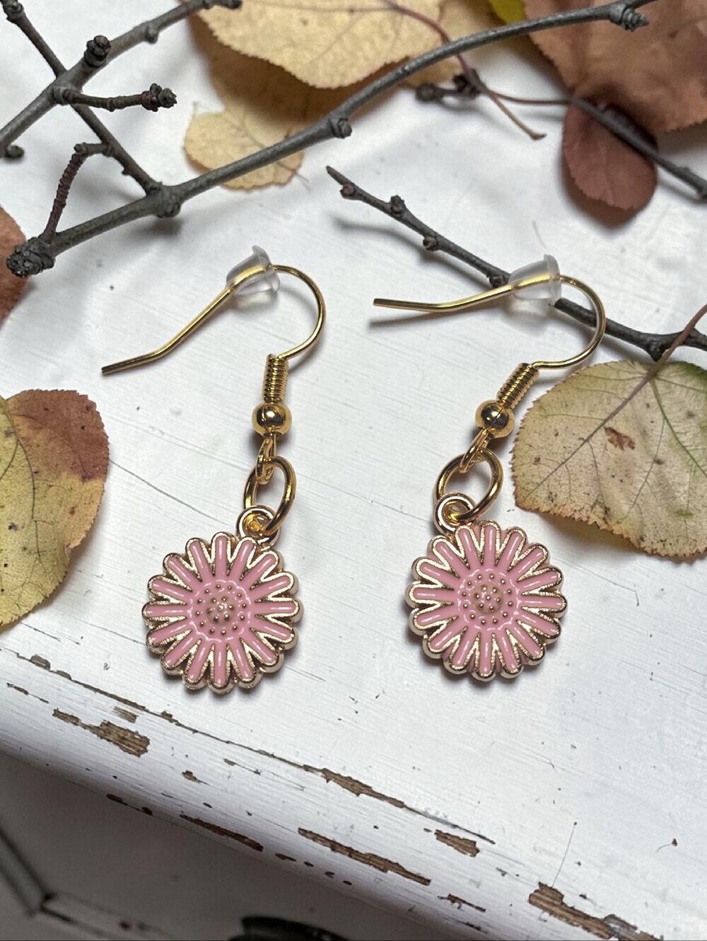 Pink Daisy Drop Earrings - Gold Accents